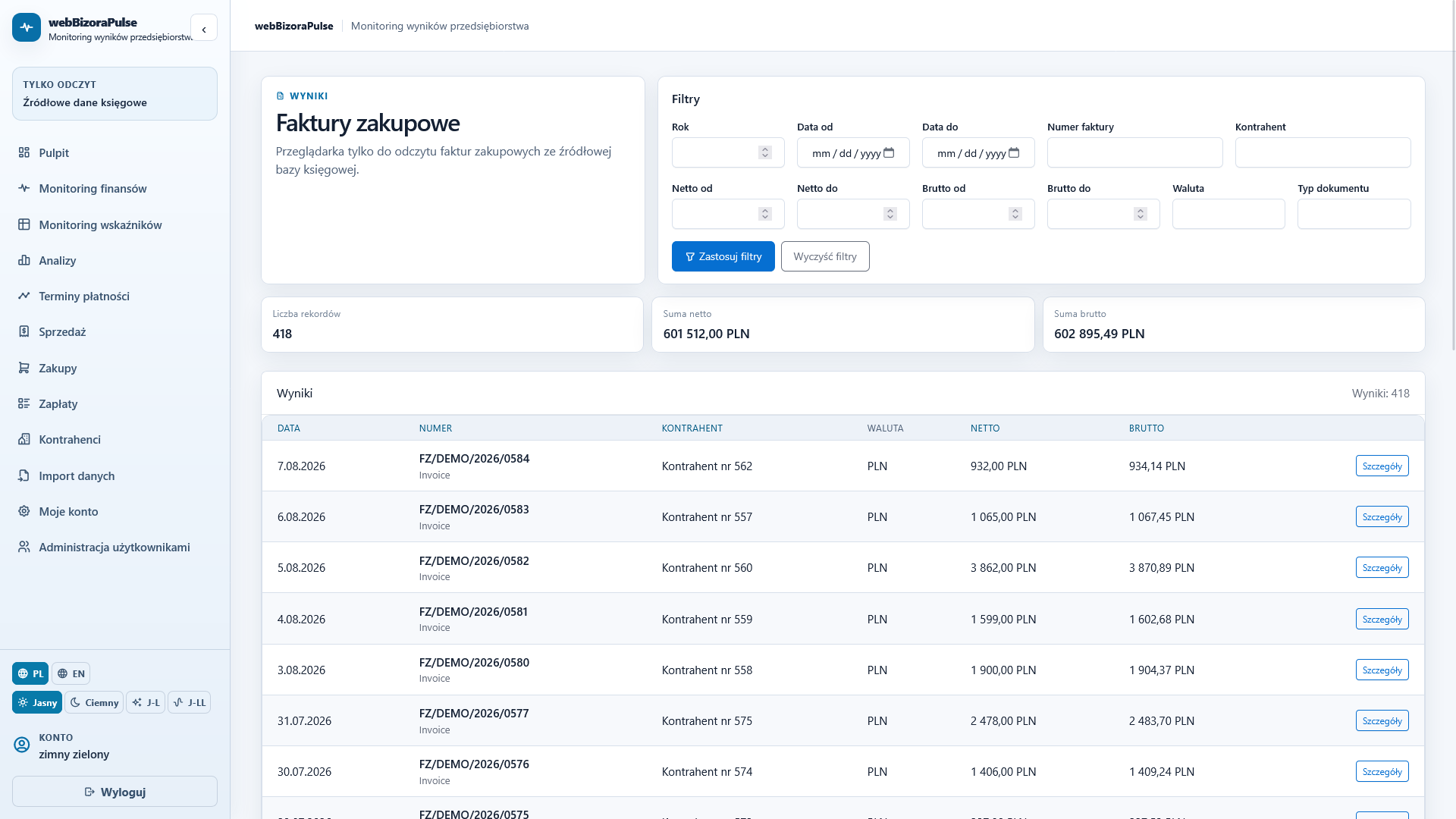 Widok danych zakupowych WebBizOraPulse